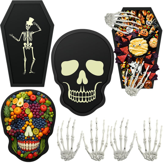 Zhehao 4 Pcs Halloween Serveware Supplies Wooden Coffin Ghost Charcuterie Board Cheese Board Serving Platter Snack Trays with Plastic Skeleton Hands Dinnerware Cookware for Home Party Dinnerware