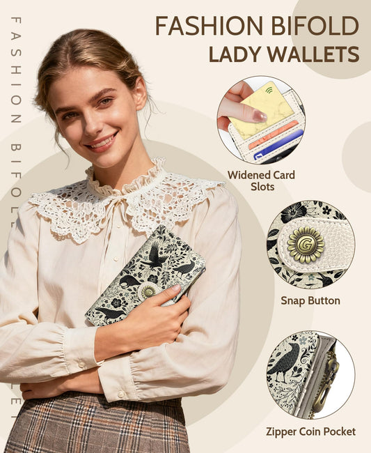 GIANCOMICS Crow Womens Wallet RFID Blocking, Flower Credit Card Holder Bifold, PU Leather Travel Billfold, Long Cute Cash Purse, Zipper Coin Pocket Clutch, ID Window, 11 Card Slot, Ladies Gift Woman