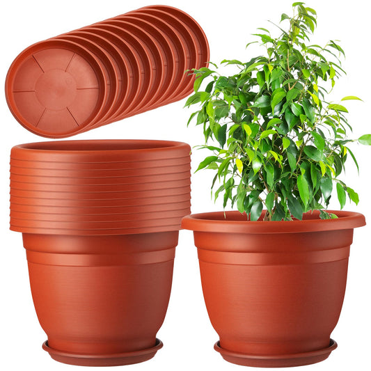 Sunnychicc 12 Pack 8+'' Plastic Plant Pots Round Planter Pots with Saucer Tray Seedling Pots with Holes Seed Resin Plant Pot Starting Nursery Flower Container with Pallet for Garden Outdoor Indoor