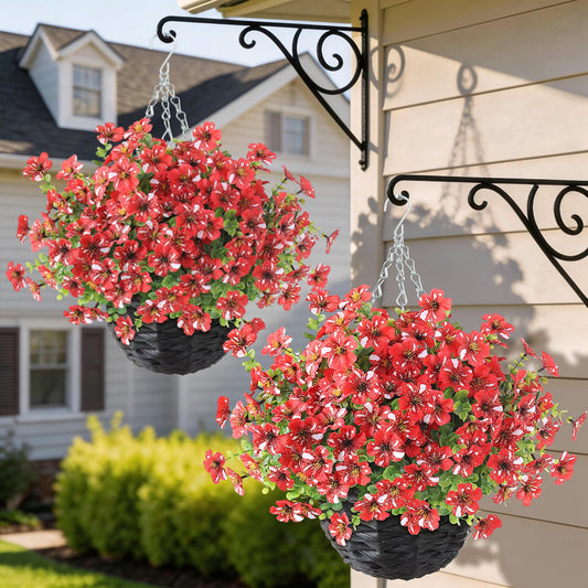 GLIDLION Artificial Flower & Eucalyptus with Hanging Basket - 2PCS Faux UV Sun Resistant Morning Glory in Planter, Fake Colorful Silk Flowers for Spring Summer Porch Patio Balcony Yard Decor (Red)