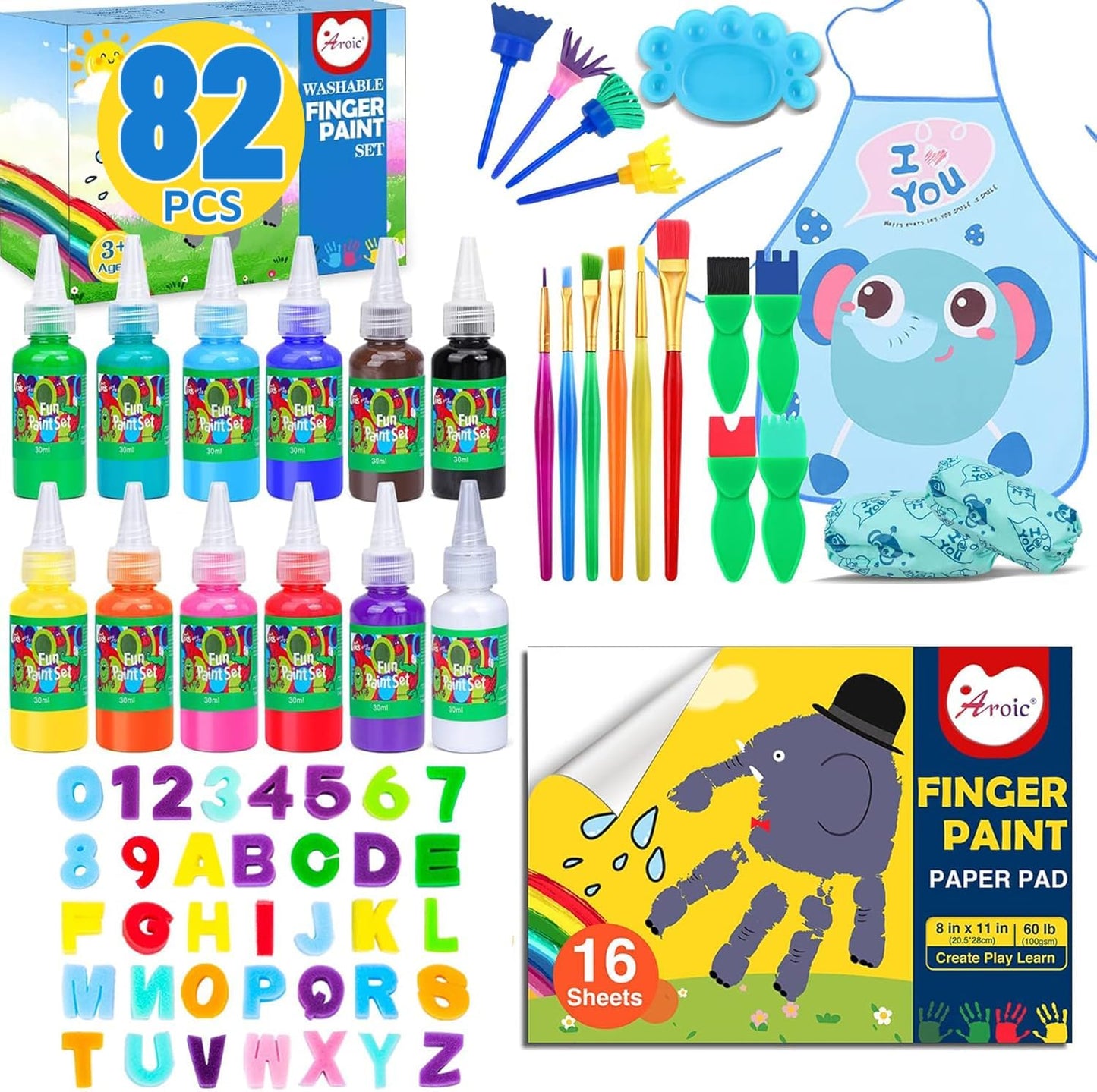 AROIC Washable Finger Paint Set, 82 Pack Washable Kids Paint Set with 12 Color Finger Paints, Sponges, Paint Brushes, Waterproof Paint Apron, Palette Paper for Toddler, Drawing Gifts Age 3+