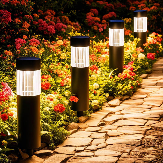 Glosola Solar Pathway Lights Outdoor 4 Pack, Stainless Steel Solar Garden Lights, Bright 35LM Warm White LED, Auto On/Off IP65 Waterproof Path Lights for Yard, Lawn, Walkway, Patio, Driveway
