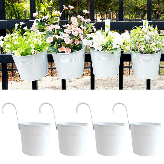 Joyfernal Pack of 4 Hanging Flower Pots, 6" White Metal Balcony Planters for Herb Succulent, Samll Railing Fence Hanging Bucket for Outdoor/Indoor Decoration (White, Pack of 4)