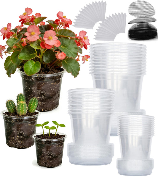 RZOIKZOI 30-Pack Clear Nursery Pots with Saucers (3.5/4/5 Inch) – Transparent Plastic Plant Pots with Drainage Holes and 30 Labels, Assorted Sizes for Seed Starting, Succulents, Indoor and Outdoor Use