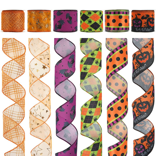 MEEDEE Halloween Wired Ribbon - 6 Rolls, 36 Yards, Black & Orange, Buffalo Plaid & Pumpkin Designs for Wreaths