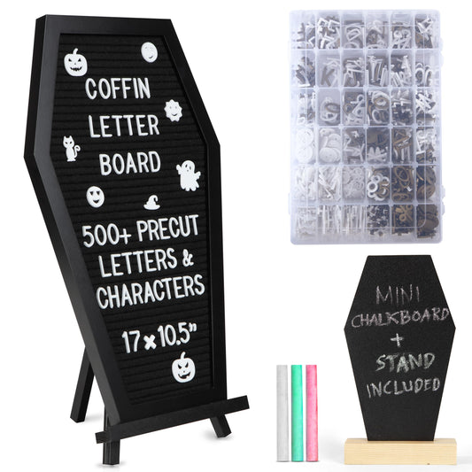 3 in 1 Coffin Letter Board with Precut, Presorted 500 Letters & Emojis + Mini Coffin Board, Gothic Halloween Decor - Spooky 17x10.5 inches Felt Letter Board - Manny's Mysterious Oddities