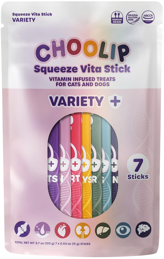 Choolip Squeeze Vita Stick Lickable Cat and Dog Treats – 7-Count Variety Pack – Creamy Puree with Multivitamins for Joints, Skin, Heart, Kidney, Liver, Eyes & Brain – Grain-Free & Vet-Formulated