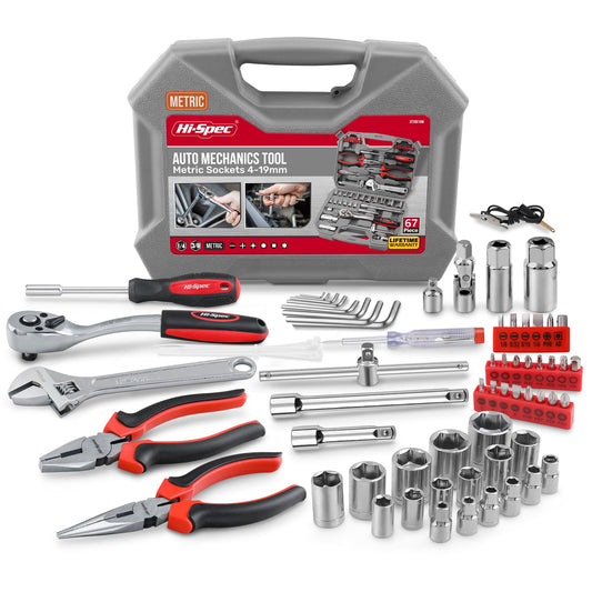 Hi-Spec 67Pc Metric Auto Mechanic Tool Set, Motorcycle & Car Tool Kit, Auto Repair with Pliers, Screwdriver Set, Socket Kit & Tool Box Storage Case for Cars, Trucks, Boats RVs & Jeeps