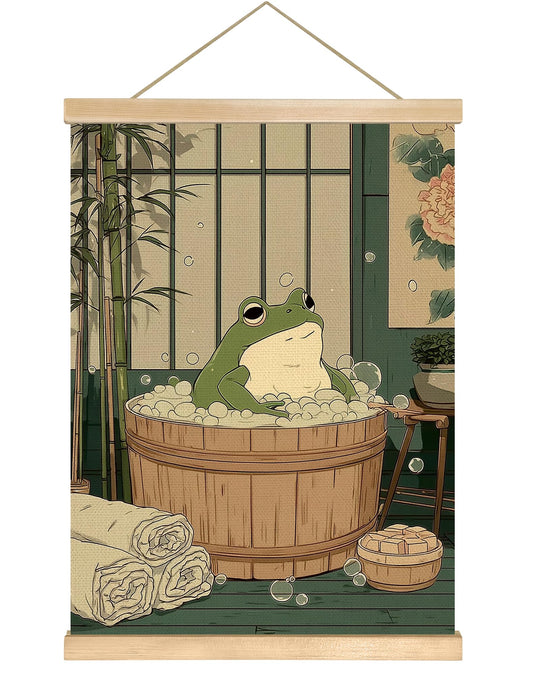 Relaxing Frog BathWall Art Decor Poster 18.5x14 Inch, Cute Animal Bathroom Linen Canvas Print, Japanese Style Bathroom Humor Soaking Frog Artwork for Restroom, Spa or Home Wall Decor(Green-Flog)
