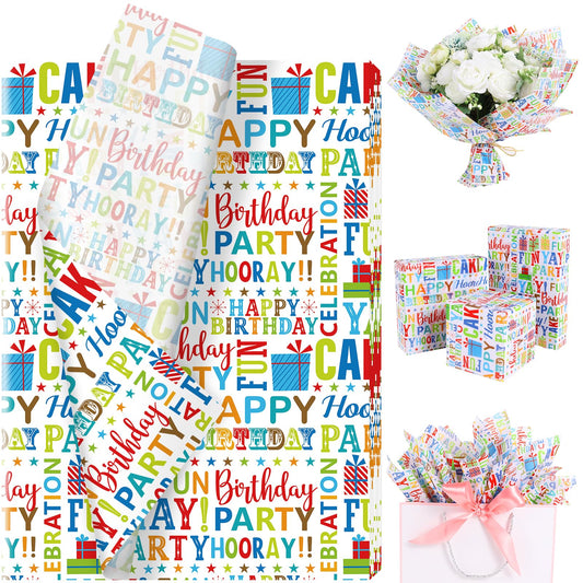 100 Sheets Happy Birthday Tissue Paper, Watercolor Letters Wrapping Paper for Birthday DIY Crafts Christmas Party Supplies, 13.8 x 19.7 Inch