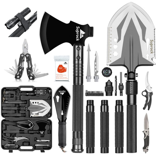 SUPROCK Survival Shovel and Camping Shovel, 30-in-1 Tactical Shovel Axe with High Carbon Steel, Folding Entrenching Tool with Pouch for Emergency, Hiking, Outdoor Gear