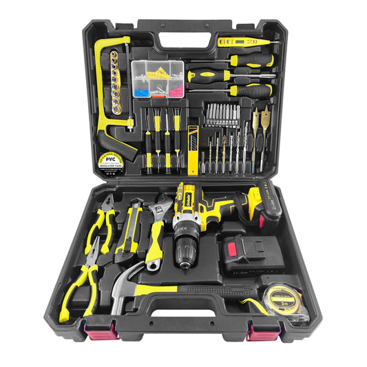 SOLUDE Tool Set with Drill,21V Cordless Power Drill Tool Box with 2 Battery,Electric Drill Driver with Basic Hand Tools for Home Repair and DIY Projects