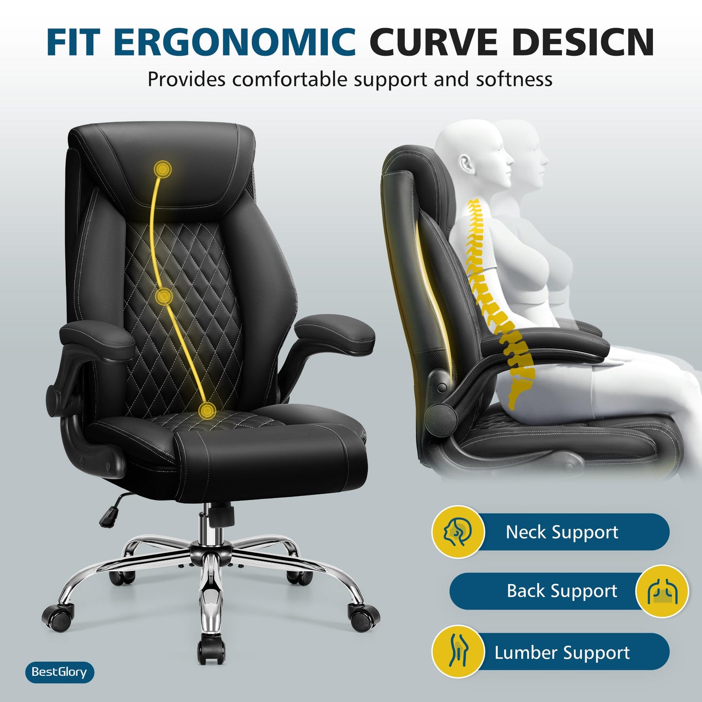 Office Chair, Executive Leather Office Chairs with Rocking Function, Big and Tall Ergonomic Computer Chair with Lumbar Support Flip-Up Armrests, Comfortable Gaming Chairs for Home Ofiice