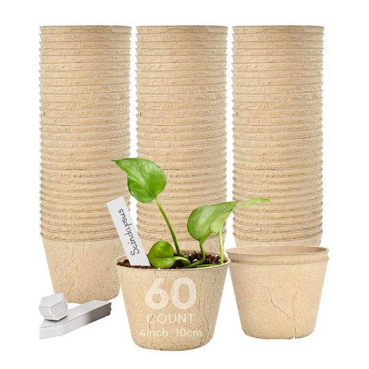 Chunsvia 60 Pack 4” Peat Pots for Seeding with 60Pcs Plant Labels, Biodegradable Seed Starter Pots with Drainage Holes, Garden Germination Nursery Pots