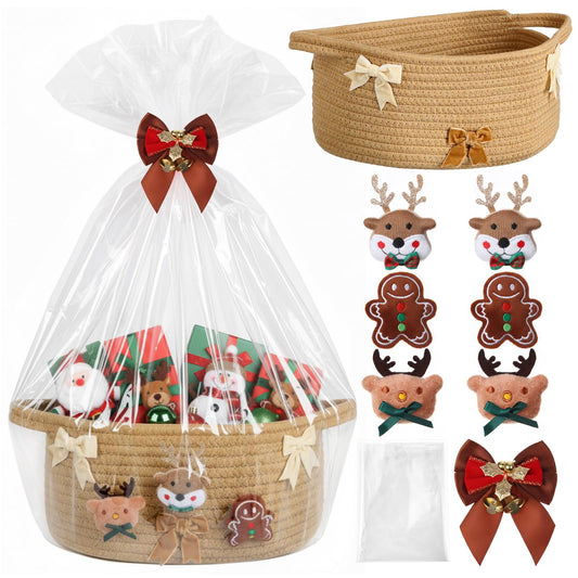 Christmas Baskets for Gifts Empty to Fill 12"x 8"x 5" Small Woven Basket with Gift Bag Bow Christmas Empty Gift Basket with Handle Xmas Holiday Gifts Storage Baskets Decorations(Khaki,Vintage)