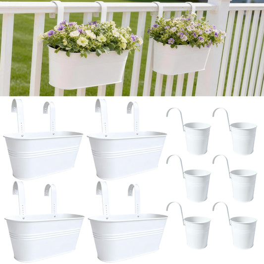 LaLaGreen 11.8 Inch Rail Planter (10-PIECE Combo Set) White Metal Outdoor Porch Railing Planters, Modern Plants Hanging Fence Balcony Gardening for Apartment Garden Style Iron Patio Flower Pots Deck