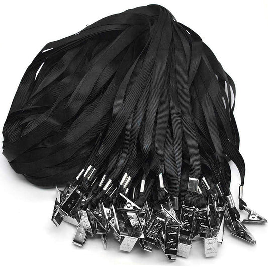 Beebel Black Lanyards 100 Pack Nylon Flat Badge Lanyard Bulldog Clip for Id Badge Name Tags