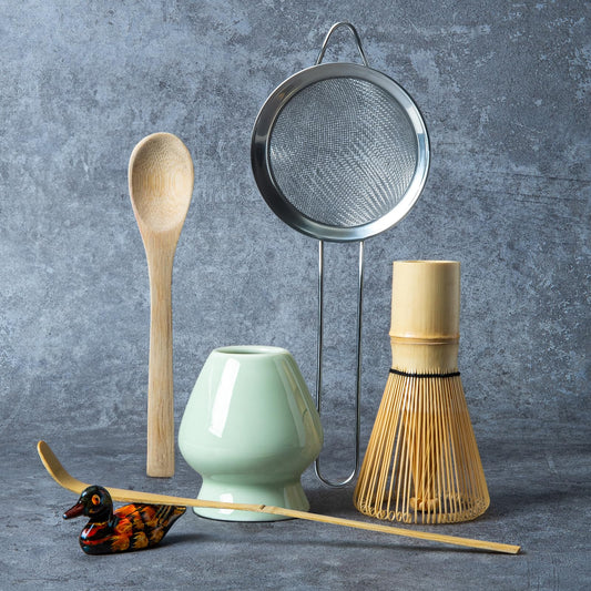 Matcha Whisk Set, Matcha Making Kit Whisk (Chasen Holder), Ceramic Whisk Holder (Light Green), Bamboo Scoop, Powder Starter Sifter, Spoon Japanese Tea Tools For Ceremony Gift