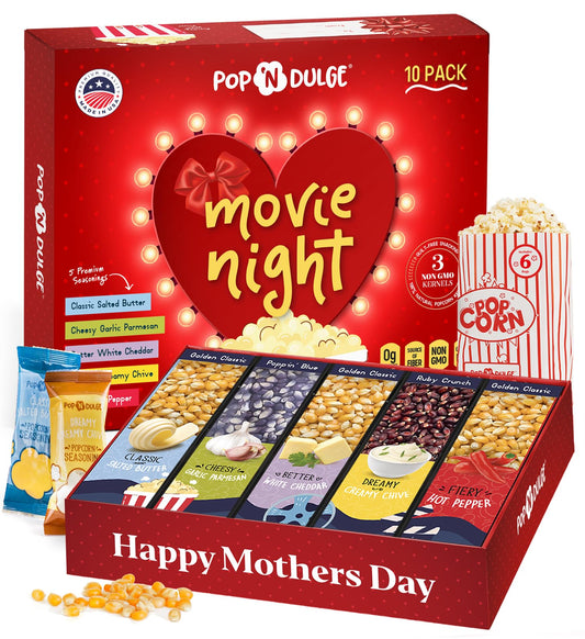 Mothers Day Gifts Movie Night Popcorn Gift Set, Mothers Day Gifts For Wife, 10 Piece Set, 5 Gourmet Popcorn Kernels and 5 Popcorn Seasoning Flavoring, Kosher, Non-GMO Movie Night Gift Baskets Gift Idea For Mom, Wife, Daughter