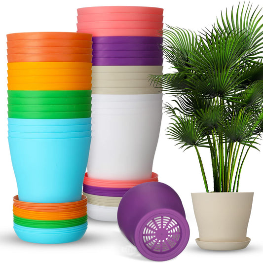 Yinder 32 Pcs 6 Inch Nursery Pots Flower Pots Colorful Plastic Plant Pot Seed Starting with Saucers and Drainage Holes Plant Container for Herbs Houseplants Seeding Nursery Flowers