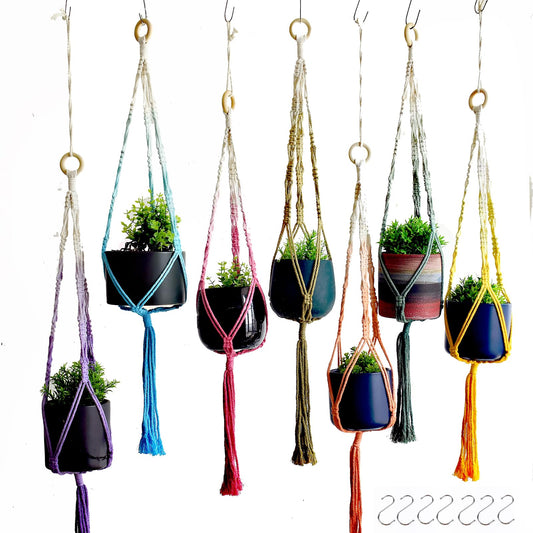 Macravine 7-Pack Boho Plant Hanger, Art Gradient Dyeing Colorful Pot Hanging with Wooden Ring, Macrame dip-dye Planter blasket Home/Window Decor, 7 Rainbow Colors 33″(no Pot & Plant Included)