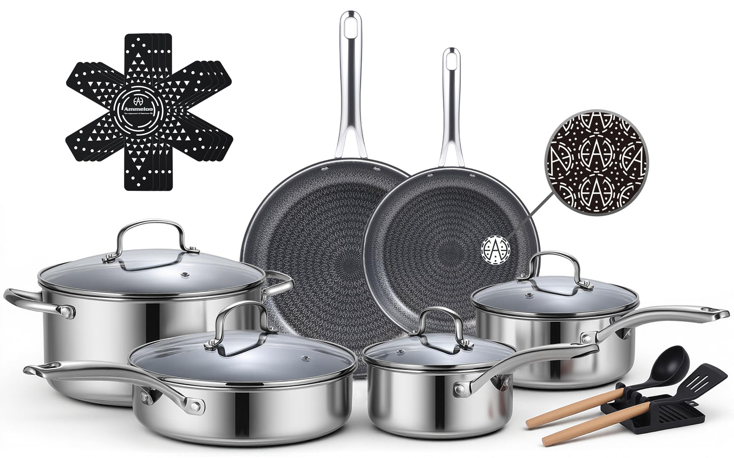 Ammeloo 17 Pcs Nonstick Stainless Steel Cookware Set, Hybrid Stainless Steel Pots and Pans Set Non Stick, Non Toxic Kitchen Cookware Sets, Dishwasher & Oven Safe, Induction & All Cooktop Compatible