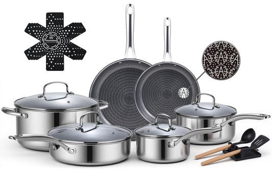 Ammeloo 17 Pcs Nonstick Stainless Steel Cookware Set, Hybrid Stainless Steel Pots and Pans Set Non Stick, Non Toxic Kitchen Cookware Sets, Dishwasher & Oven Safe, Induction & All Cooktop Compatible
