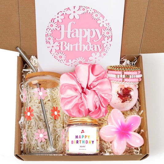 iAOVUEBY Birthday Gifts for Women, Teen Girl Gifts, Birthday Gift for Her, Happy Bday Gift Box for Girl, Women, Sister, Daughter, Best Friend, Friendship, Cute Daisy Glass Cup Set 7PCS, 16oz, Pink