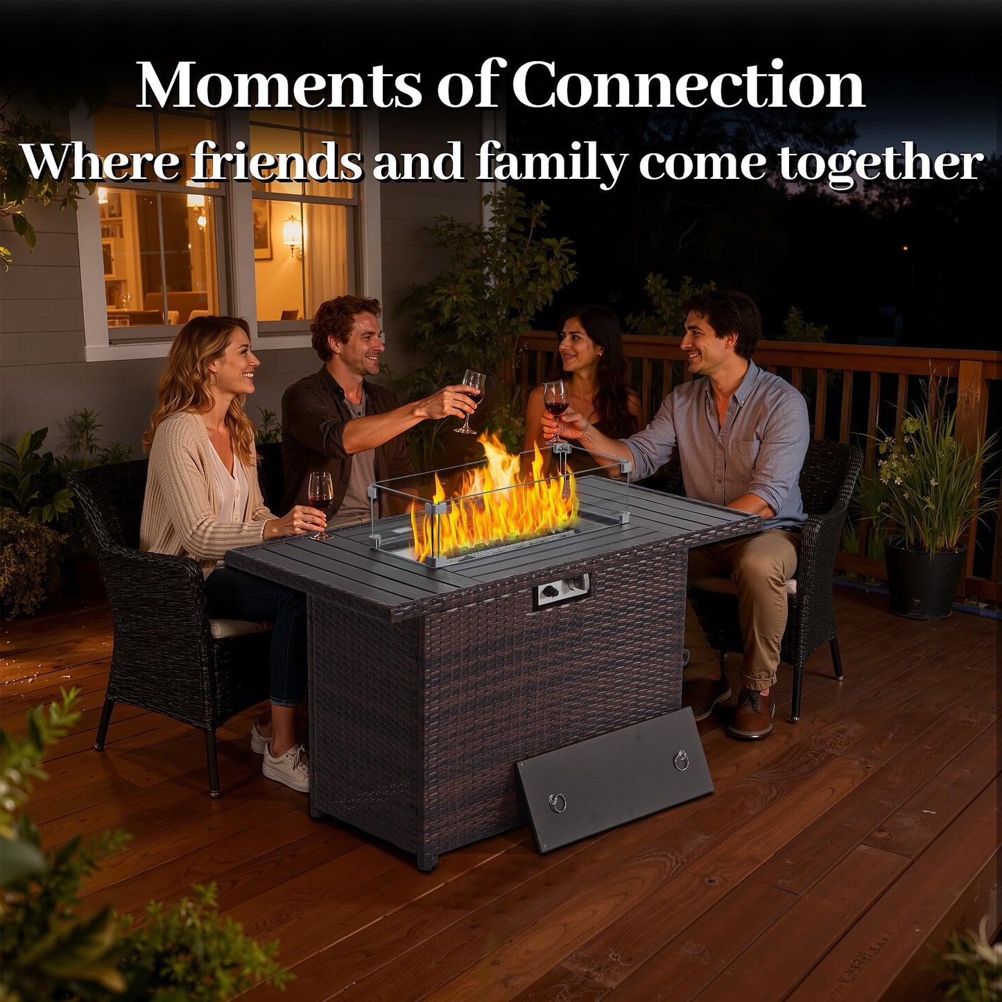 EortheX 44 Inch Propane Fire Pit, Steel Gas Fire Feature Table with Iron Lid,Glass Rock, Rain Cover and Tempered Glass Wind Guard for Outside Garden Backyard Deck Patio