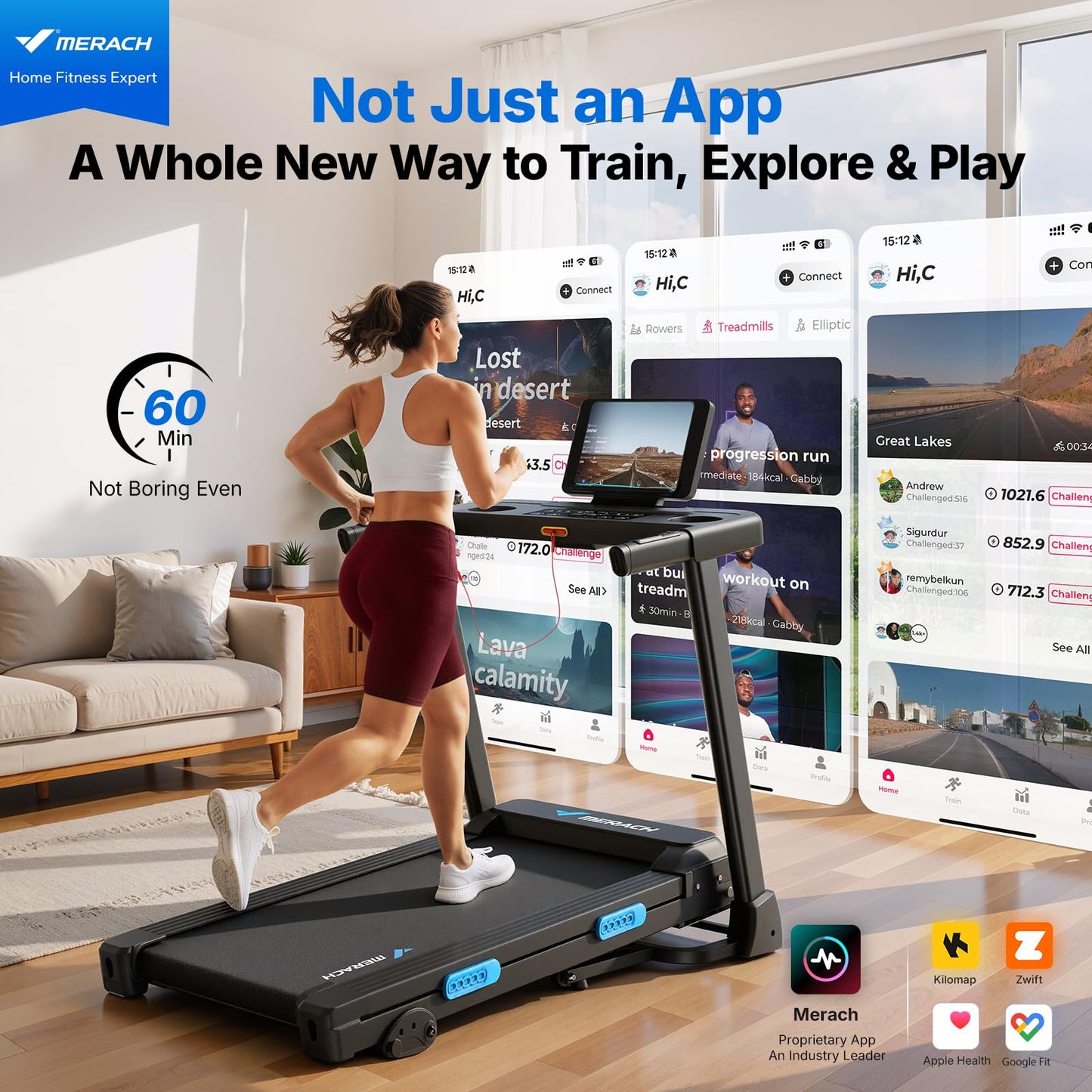 MERACH Treadmill with Incline 6%-15%, 300 LBS Capacity Foldable Running Treadmills for Home, 0.5-7.5MPH 2.5HP Brushless Double Deck Incline Foldinng Treadmill LED Display with Smart APP