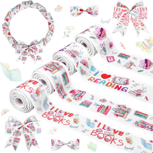 Diartpaint 4 Rolls 20 Yards Book Ribbons for Wrapping Gift Packing DIY Craft Wreath Hair Bow Book Club Wired Edge Ribbon Library Reading Birthday Baby Shower Wedding Party Supply Home Accessory Decor