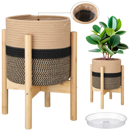 Sunnychicc Plant Basket with Stand Indoor Planter Pot Holder Sturdy Jute Rope Modern Woven Basket, Cotton Rope Woven Pot with Bamboo Stand(10 Inch,Black and Beige Stripes)