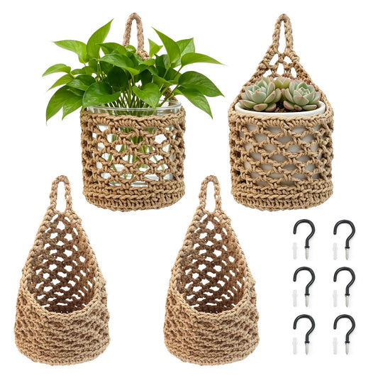 DOODLEBEAN 4 PCS 5-Inch Macrame Wall Plant Hangers, Small Wall Hanging Plant Holder with Hooks, Natural Cotton Rope Hanger for Indoor Plants & Daily Storage, Boho Home Decor