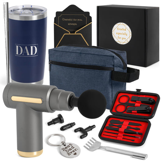 Fairly Dunn Luxury Dad Gift Box with Deep Tissue Massage Gun – Ultimate 7-Piece Birthday Set includes 20oz Tumbler, Toiletry Bag & Grooming Kit – Premium Father’s Day Gift Basket