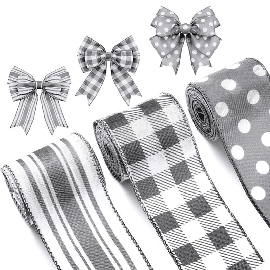 Moukeren Grey Wired Edge Plaid Ribbon 3 Rolls 2.5 Inch Farmhouse Buffalo Check Gray Ribbon Polka Dot Striped Belt Buffalo Plaid Belt Wire Decor for DIY Crafts Gifts Wreath Bow, 15 Yards