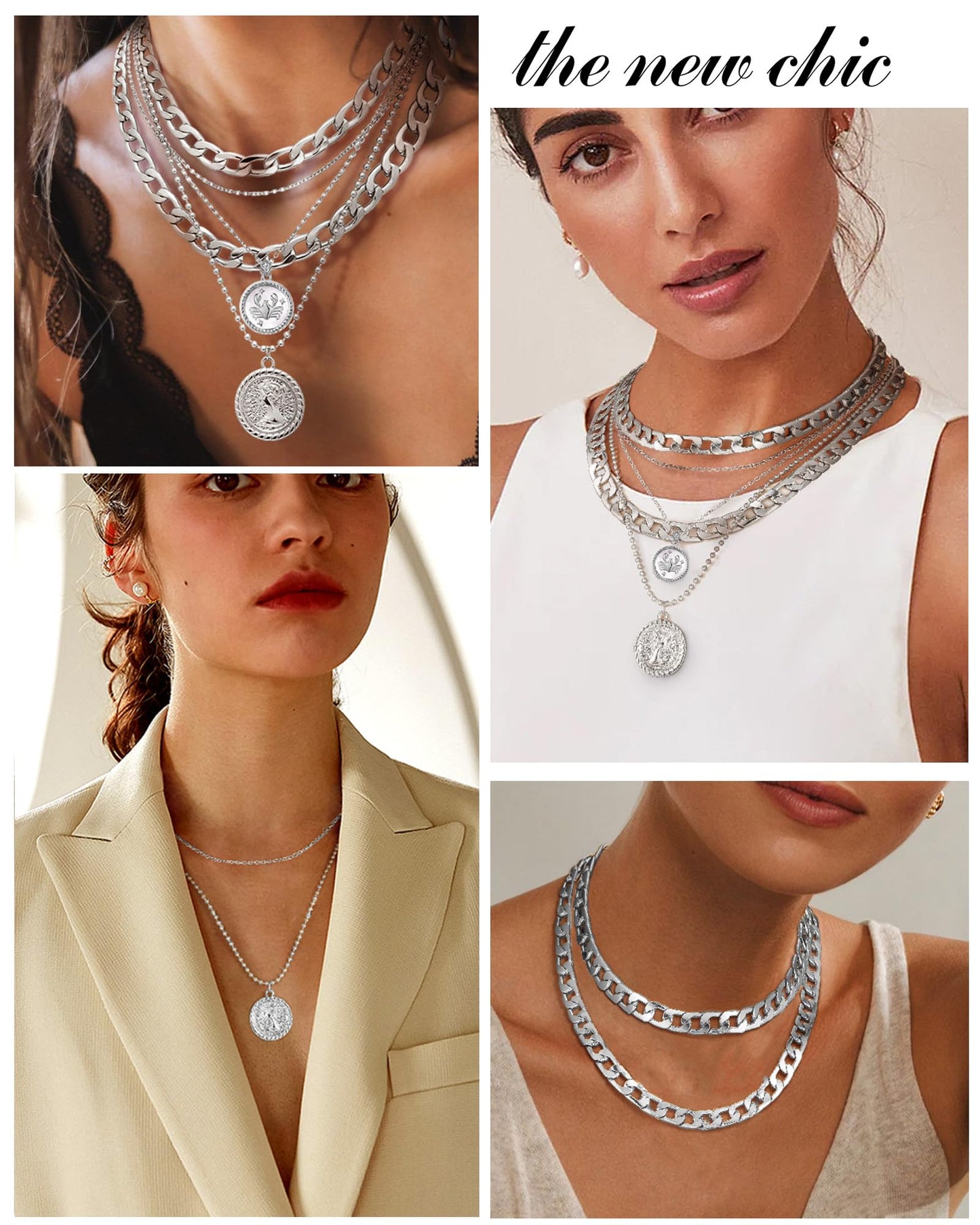 MJartoria Gold Layered Necklaces for Women Trendy Retro Coin Pendant Necklace Dainty Chunky Chain Choker Necklaces for Jewelry Birthday Gifts (Silver, Zodiac-Cancer-3PCS Layered)