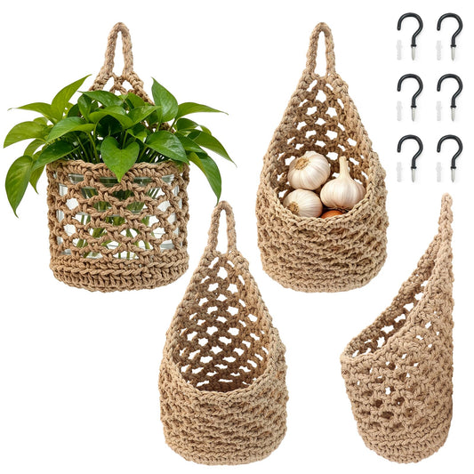 4-Pack 5-Inch Macrame Wall Plant Hangers, Natural Cotton Hanging Planter Baskets for Indoor Plants, Boho-Style Woven Plant Baskets for Walls, Small Hanging Pots for Succulents and Kitchen Storage