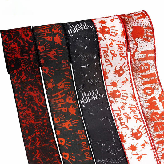 TMXAOK 5 Roll Halloween Wired Ribbon, 2.5 Inch Black White Skull Pattern Gift Wrapping Ribbons, Blood Handprint Decorative Ribbons for Crafts Bow Wreath Gift Wrapping Halloween Party Decor, 25 Yards