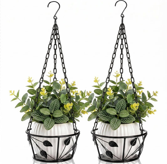 Goaste 2 Pack Metal Plant Hanger, Hanging Plant Holder with Ceiling Hook, Modern Plant Hanging Basket, Decorative Planter Flower Pots Shelf for Indoor Outdoor Use, Home Decor