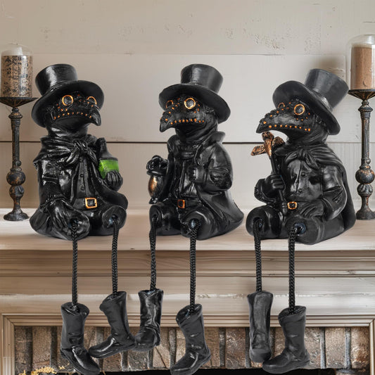 Dazzle Bright 3 Pcs Halloween Plague Doctor with Dangling Legs Figurines Decoration, Resin Gothic Scary Crow Table Fireplace Shelf Sitting Figurines Party Ornament Gifts for Indoor Home Decor