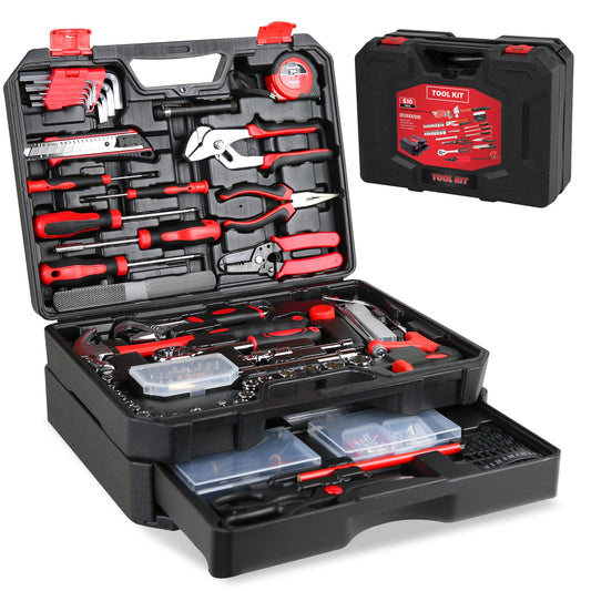 winturbor 500-Piece Home Repair Tool Set with Drawer Toolbox – Comprehensive Household & Auto Maintenance Kit for DIY Enthusiasts, Homeowner, Handyman (500 PCS Black+Red)