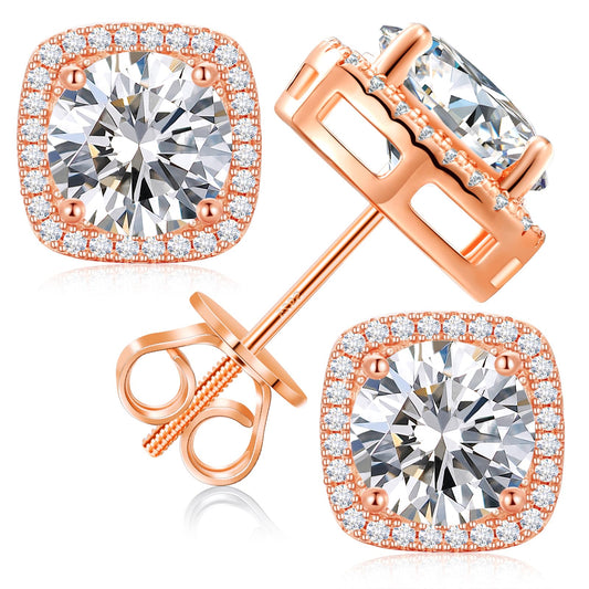 Gugots Moissanite Halo Square Stud Earrings Screw Back 925 Sterling Silver Lab Brilliant D Color VVS1 Clarity Hypoallergenic Earrings for Women Men Rose Gold Plated 0.8CT 6MM*2