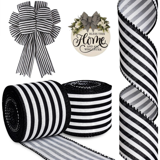 Mupera Black & White Striped Wired Burlap Ribbon 2.5 Inch 20 Yards Total, 2 Rolls x 10 Yards Each, Natural Jute for Wreaths, Big Bows, Christmas Tree, Gift Wrapping, No Fray Easy Shape