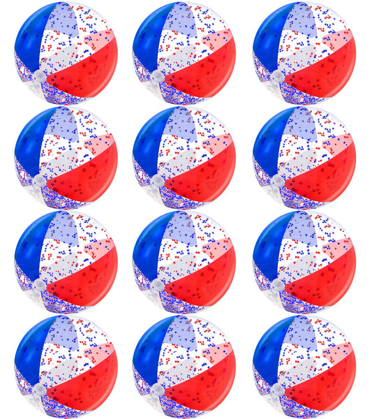 12 Pack 16" Inflatable Patriotic Beach Balls,4th of July Red White and Blue Stars Glitters Beach Ball Bulk,250th Anniversary Pool Toys for Kids & Adults Summer Swimming Pool Beach Party Game Water Toy