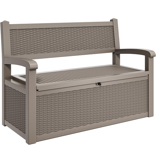 YITAHOME 80 Gallon Storage Bench Deck Box, Lockable Patio Bench, Waterproof Outdoor Pool Deck Storage for Patio Cushions, Garden Tools and Pool Supplies, Light Brown
