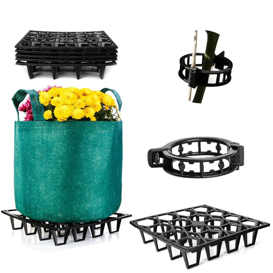 Cannrise Plant Riser – Modular Pot Spacer for Grow Bags, Planters & Containers – UV-Resistant Drainage Tray for Airflow, Root Health & Cleaner Surfaces (Standard Black W/ 50 clips, 5 Pack)