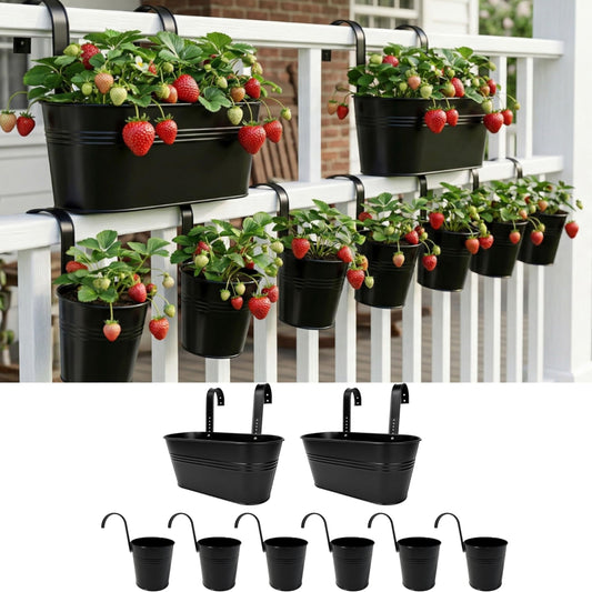 LaLaGreen 11.8 Inch Rail Planter (8-PIECE Combo Set) Black Metal Railing Fence Hanging Planters for Outdoor Plants, Modern Balcony Gardening for Apartment Garden Style Iron Patio Flower Pot Deck