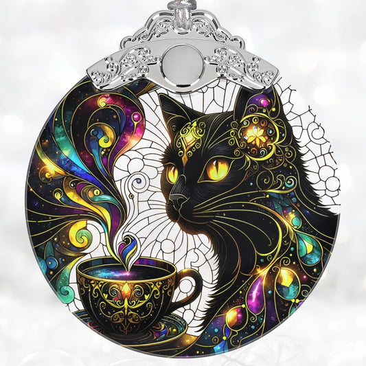 Stained Glass Cat Christmas Tree Ornaments - Black Cat Xmas Gift for Friend, Family or Coworker