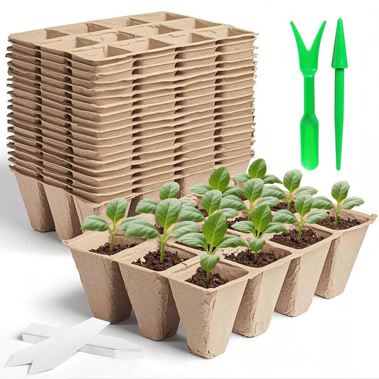 240 Cells Seed Thickened 12-Cell Peat Pots Seed Starter Kit - 20 Trays + Transplanting Tools & Plant Labels, Biodegradable Root-Friendly Seedling Cups for Vegetables Flowers Herbs Seed Starting