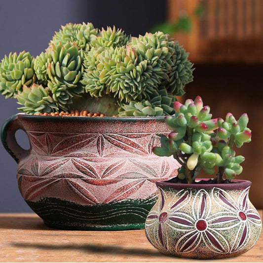qumHmup Ceramic Succulent Pot with Drainage Hole, Bohemia Rustic Decorative Planter, Set of 2, Indoor Outdoor